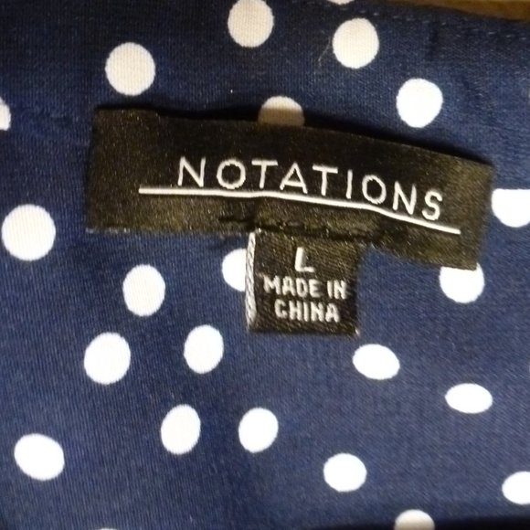 Notations blue white polka dot tab sleeve button notch neck tunic blouse L XL - Picture 2 of 5
